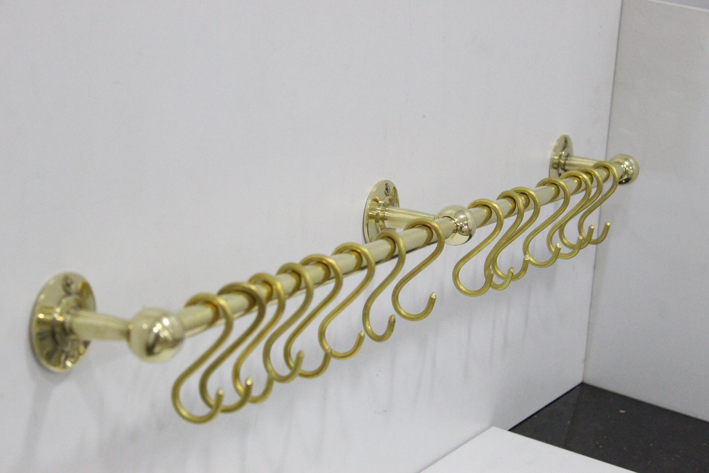 Unlacquered Solid Brass Pot Rail with S Hooks: Custom Kitchen Pot & Pan Hanging Rack.