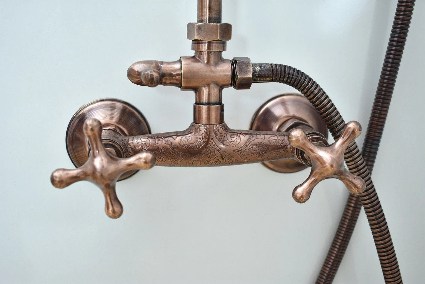 Unlacquered Copper Shower System, Aged Copper Shower, Shower.