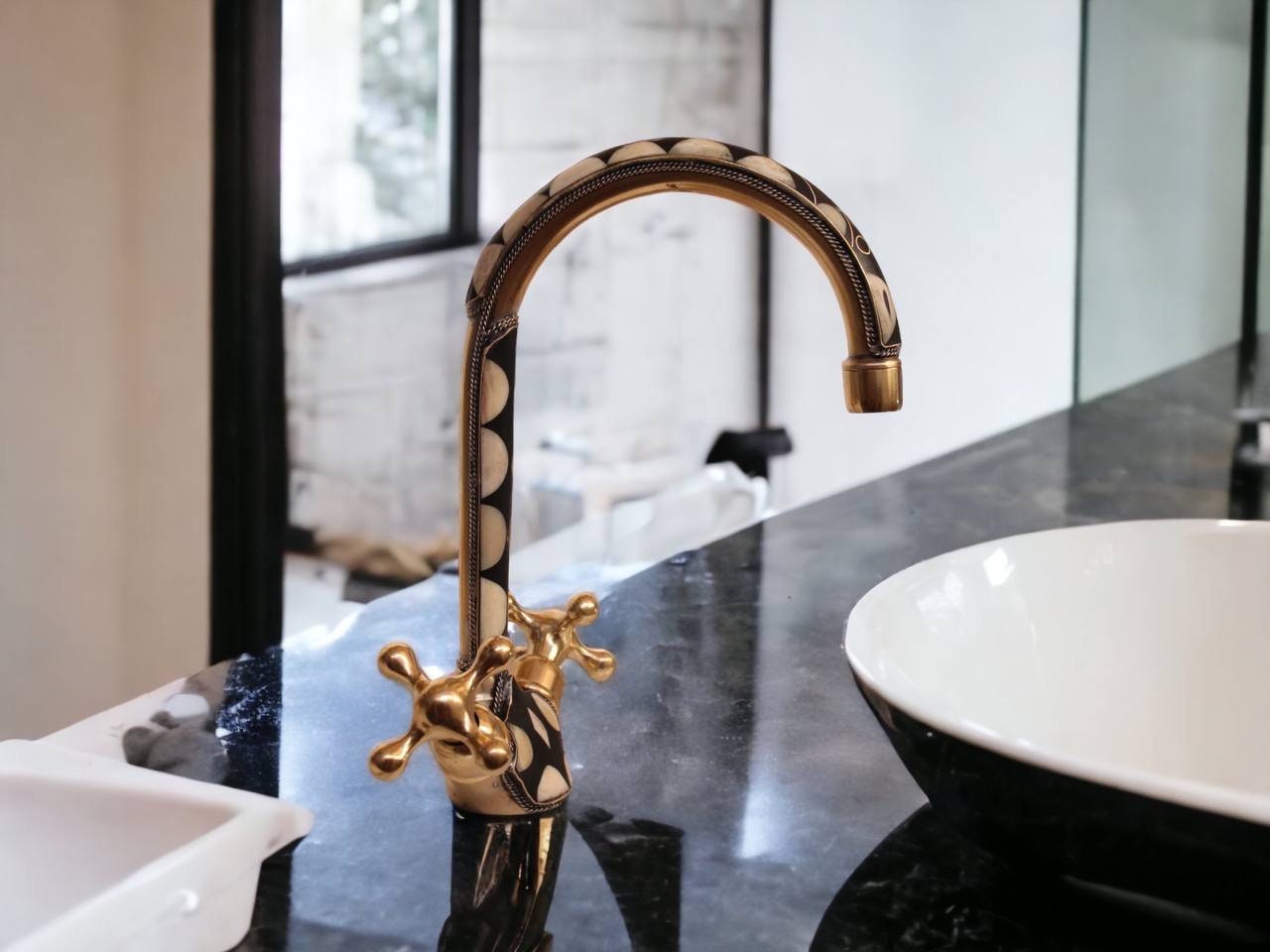 Unlacquered Solid Brass Kitchen Bridge Faucet Studded With Resin, Vintage faucet.