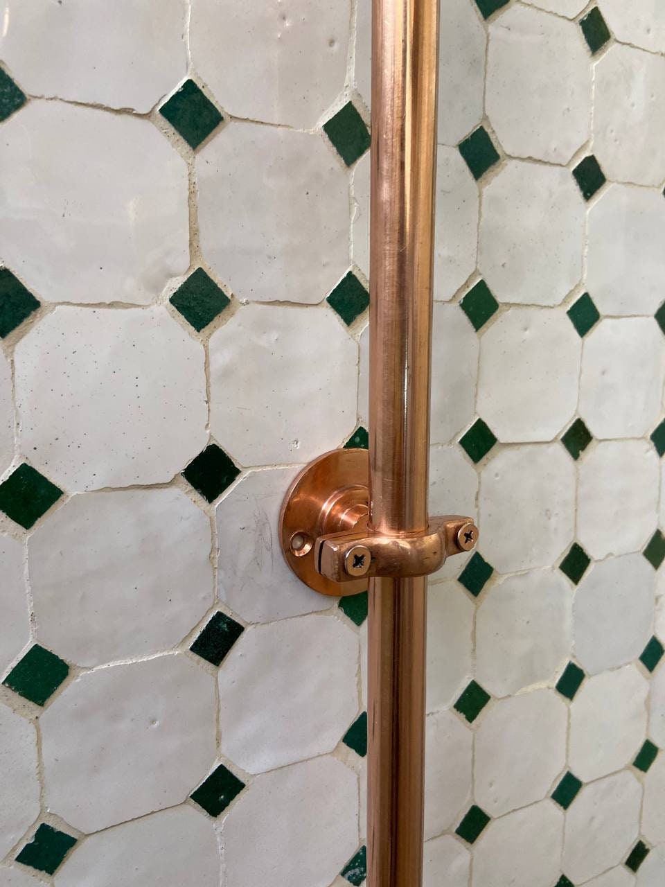 Unlacquered Copper Outdoor Shower with Copper Showerhead.