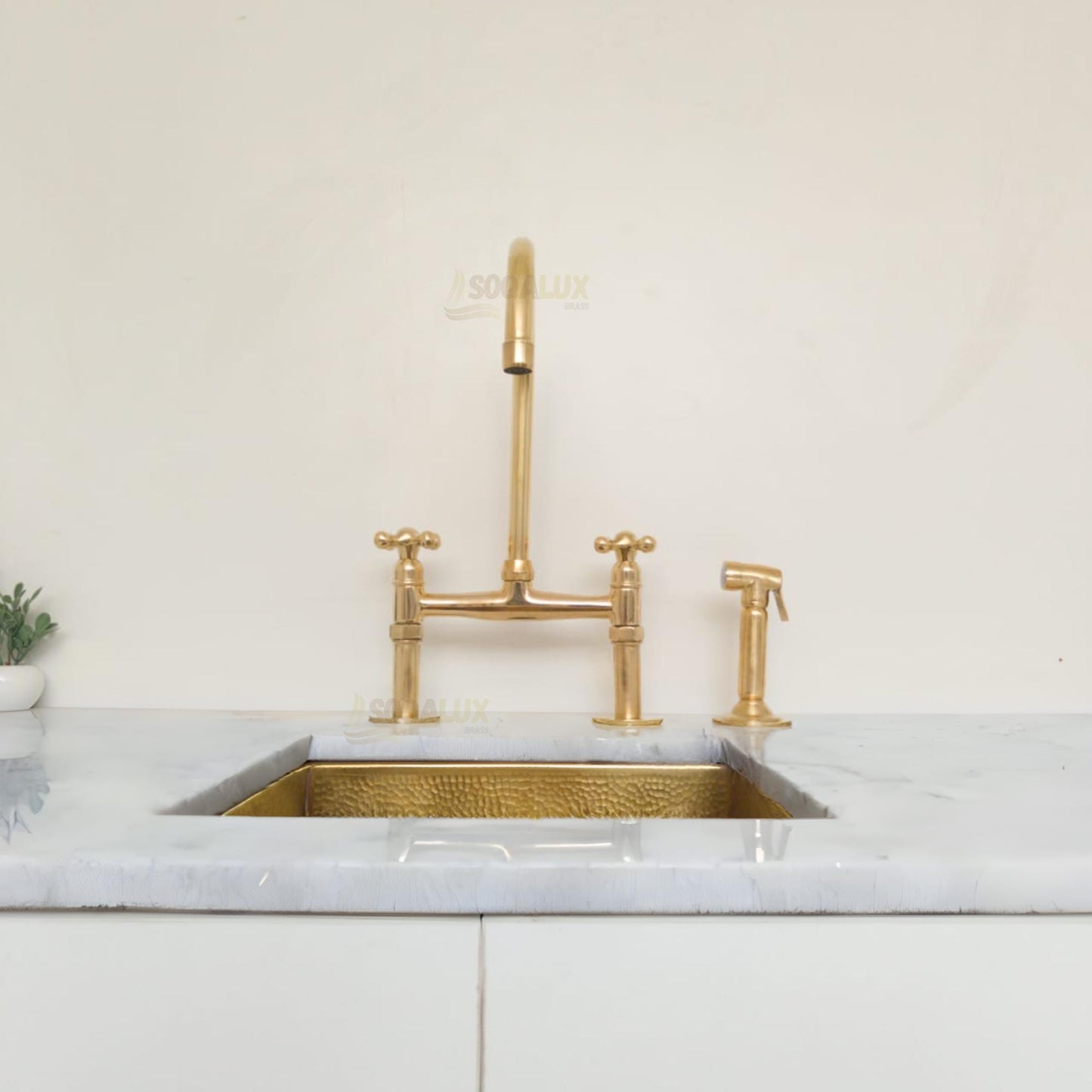 Unlacquered Solid Brass Bridge Kitchen Faucet, Antique Brass Vintage Sink Tap.