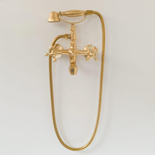 Unlacquered Brass Shower System, Wall Mount Tub Filler, Telephone Bathtub.