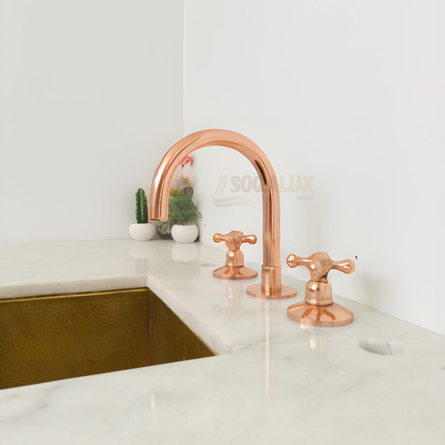 Unlacquered Copper Bathroom Faucet, Widespread 3-Hole Deck Mount, Gooseneck Tap.
