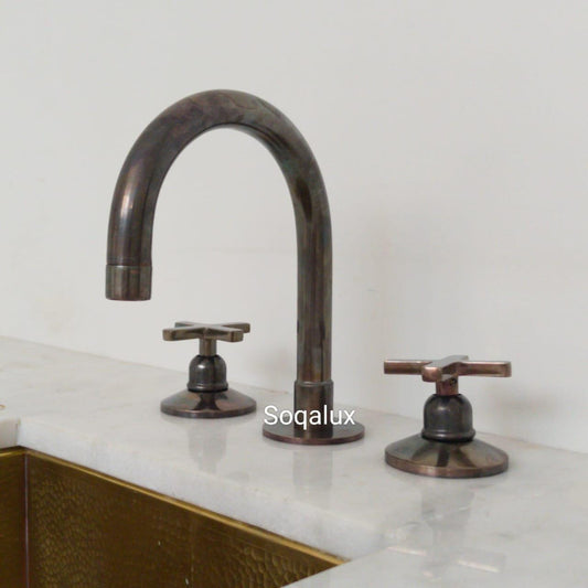 Unlacquered Dark Bronze Vanity Sink Faucet, Solid Brass Widespread 3-Hole Bathroom Tap.
