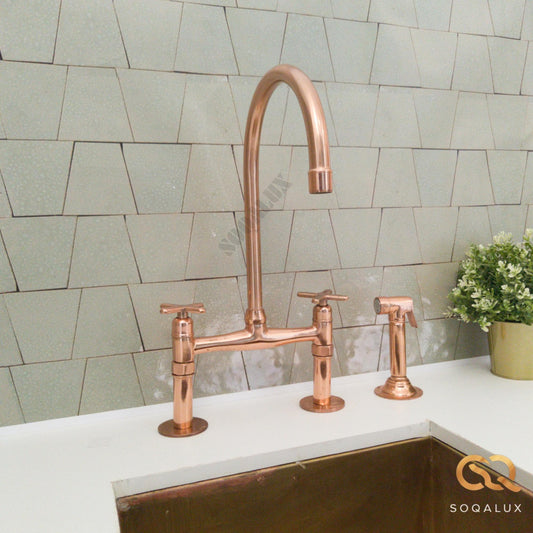 Unlacquered Copper Bridge Faucet For Kitchen.