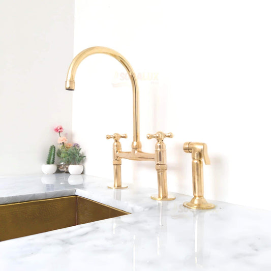Unlacquered Solid Brass Bridge Kitchen Faucet, Antique Brass Vintage Sink Tap.