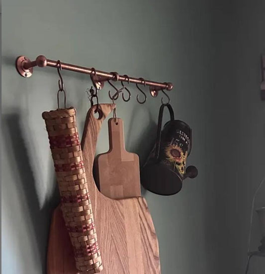 Unlacquered Copper Pot Rack For kitchen, Pot Rail or Pan Rail with S hooks.