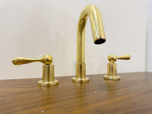 Unlacquered Solid Brass Bathroom Faucet, Widespread 3-Hole Sink Fixture.