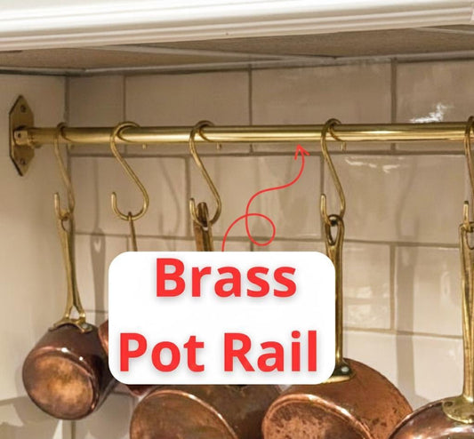 Unlacquered Brass Pot Rail with S-Hooks – Solid Brass Kitchen Hanging Rack.