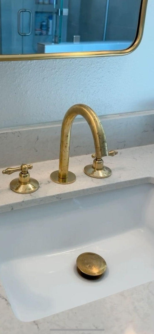 Unlacquered Brass Bathroom Faucet: Widespread Dual Handle 3-Hole Sink.