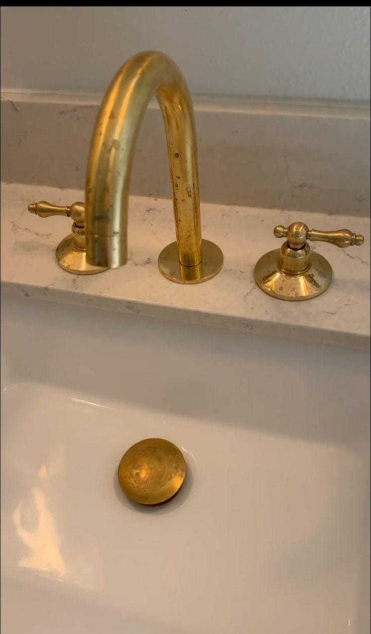 Unlacquered Brass Bathroom Faucet: Widespread Dual Handle 3-Hole Sink.