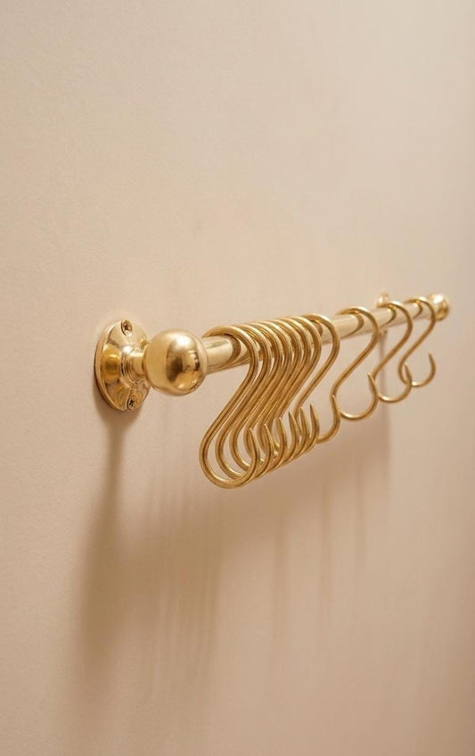 Unlacquered Brass Kitchen Pot Rail with Hooks.