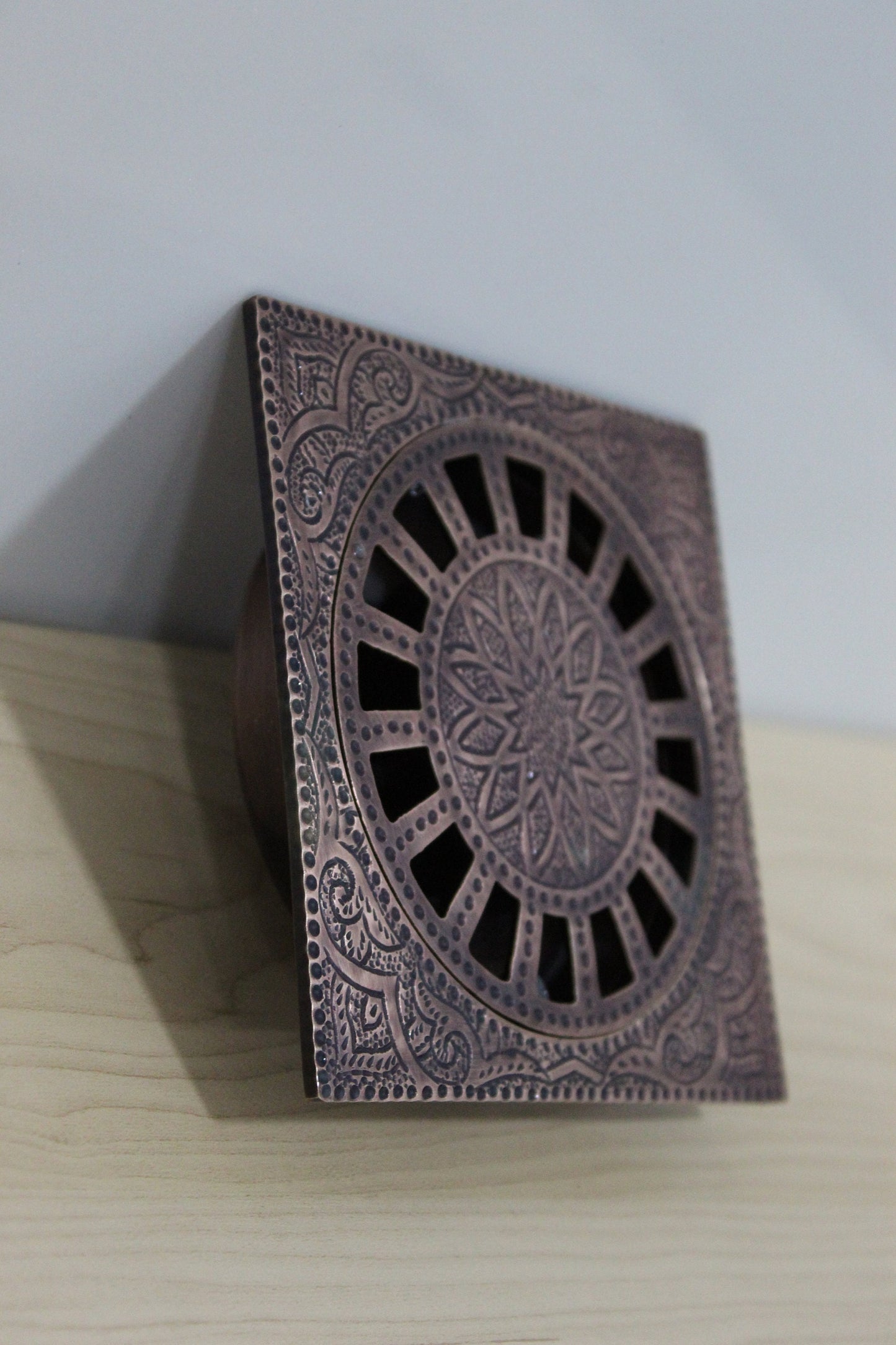 Square Floor Drain - Engraved Antique Copper Shower Drain, Handmade in Morocco, Unique Etched Drain, Handcrafted Decor