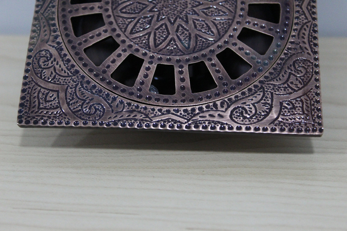 Square Floor Drain - Engraved Antique Copper Shower Drain, Handmade in Morocco, Unique Etched Drain, Handcrafted Decor