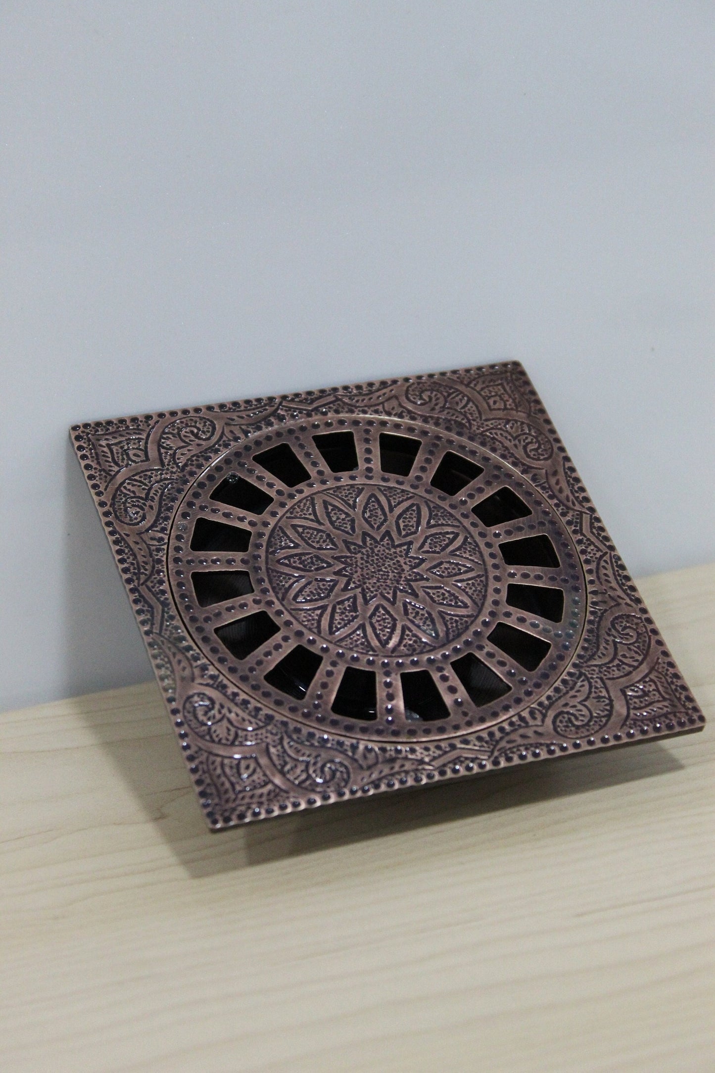 Square Floor Drain - Engraved Antique Copper Shower Drain, Handmade in Morocco, Unique Etched Drain, Handcrafted Decor