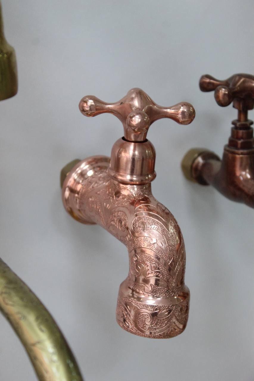 Engraved Copper Water Tap, Single Handle Faucet Cold Water.