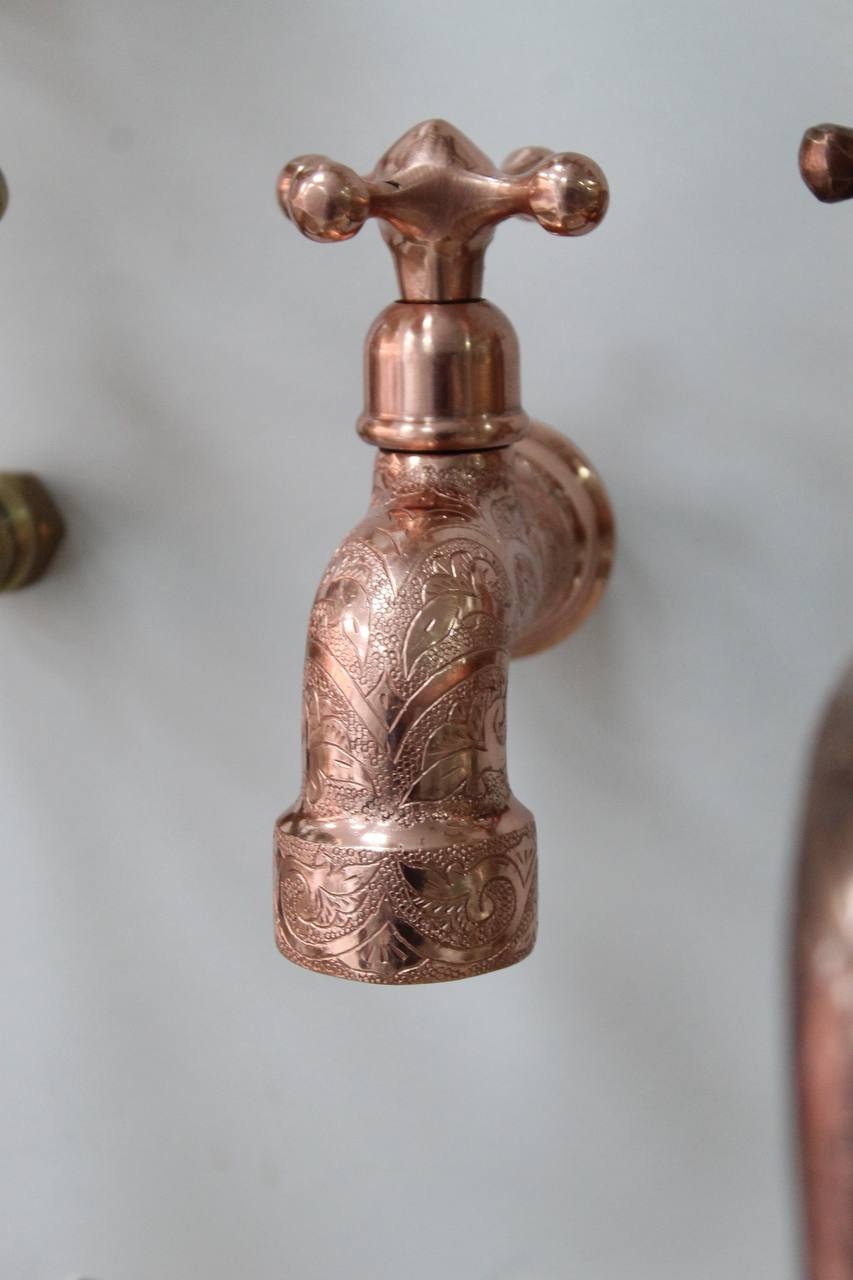 Engraved Copper Water Tap, Single Handle Faucet Cold Water.