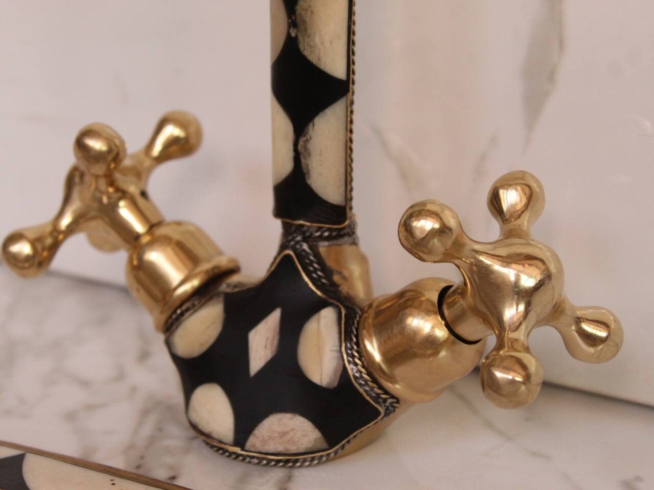 Unlacquered Solid Brass Kitchen Bridge Faucet Studded With Resin, Vintage faucet.