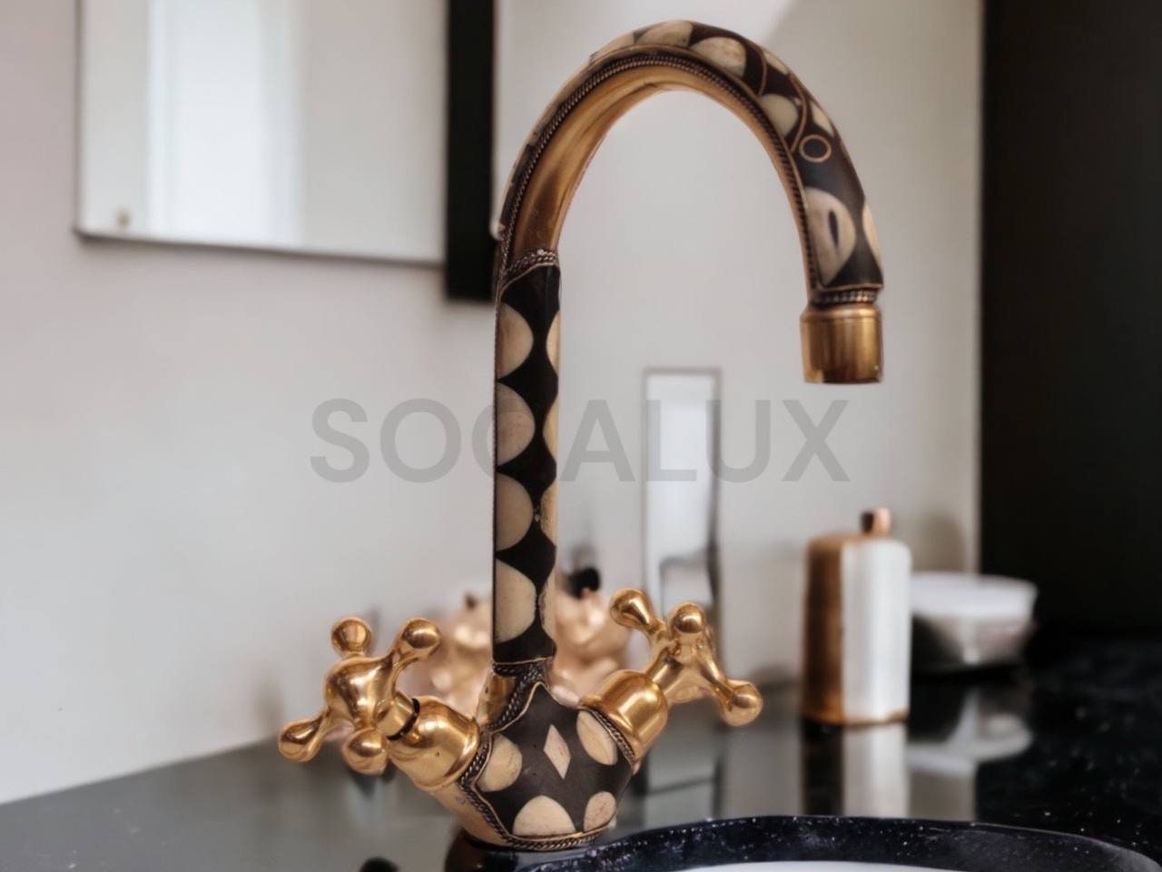 Unlacquered Solid Brass Kitchen Bridge Faucet Studded With Resin, Vintage faucet.