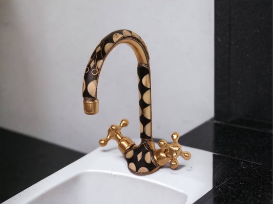 Unlacquered Solid Brass Kitchen Bridge Faucet Studded With Resin, Vintage faucet.