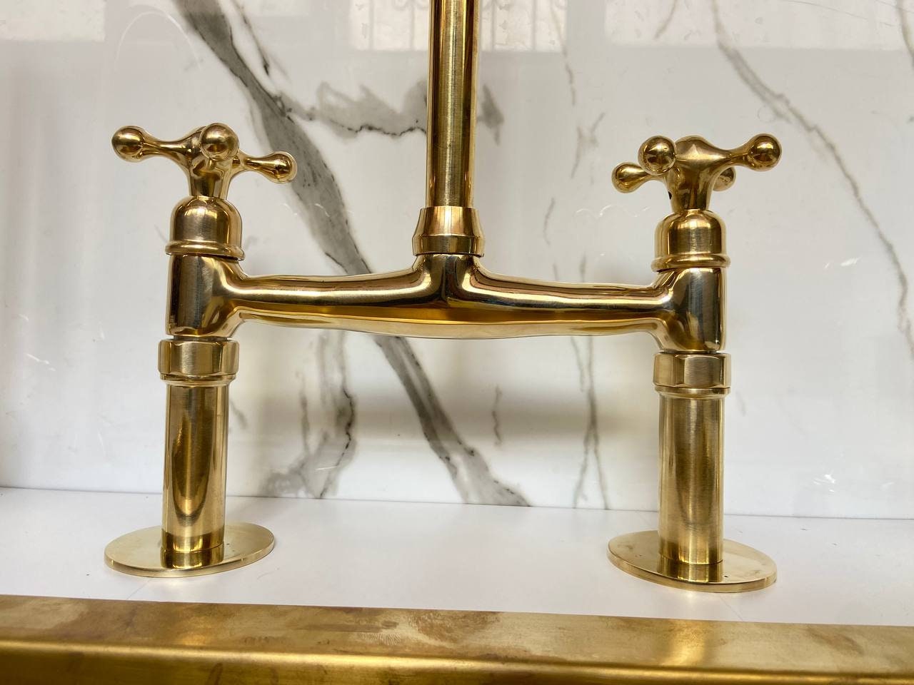 Unlacquered Solid Brass Bridge faucet for kitchen with Sprayer & Cold Tap.