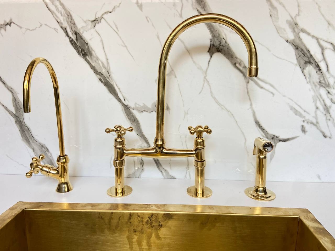 Unlacquered Solid Brass Bridge faucet for kitchen with Sprayer & Cold Tap.