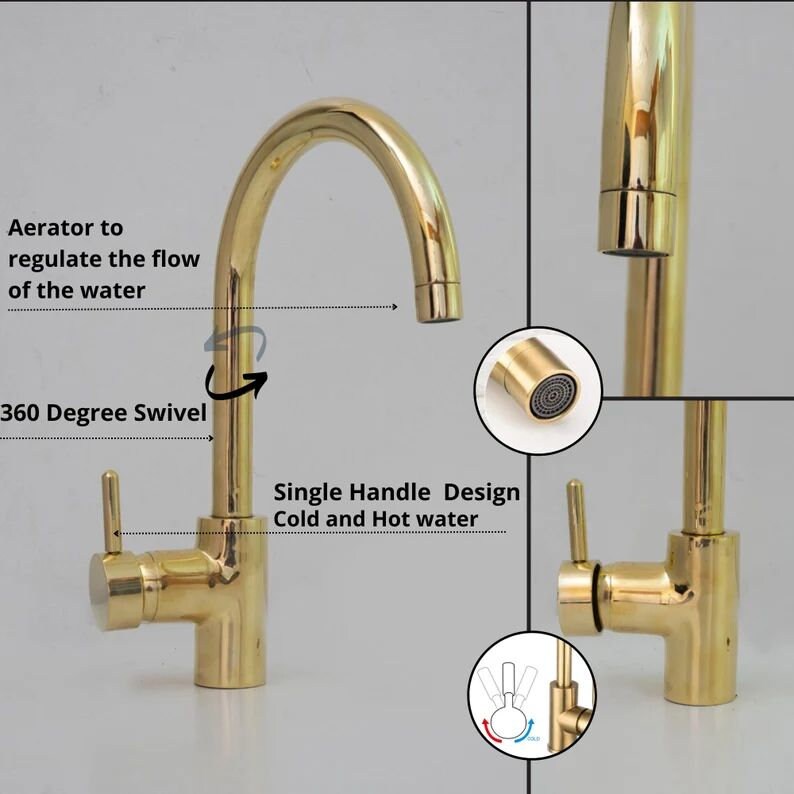 Unlacquered Brass Single Hole Faucet, Brass kitchen faucet, Sink faucet, kitchen sink.