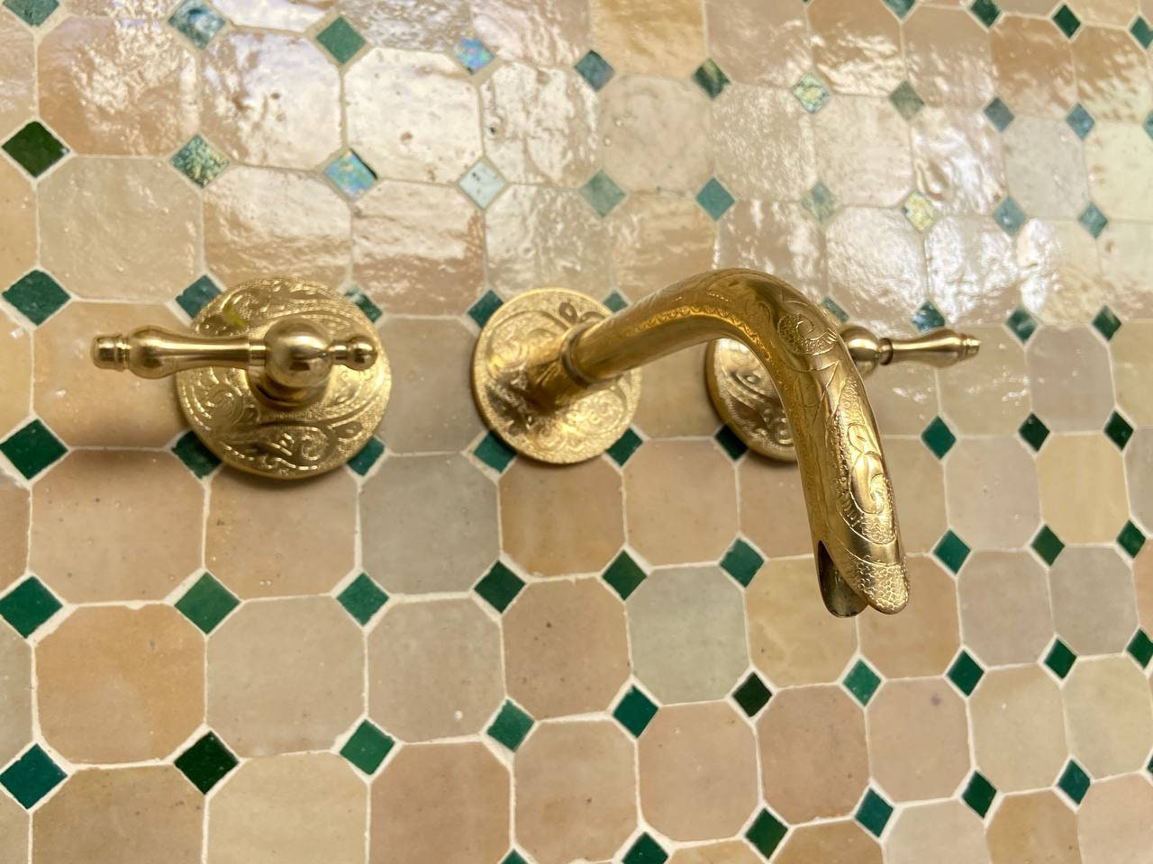 Engraved Brass Wall Mounted Faucet - Antique Engraved Faucet, Solid Brass Bathroom Faucet.