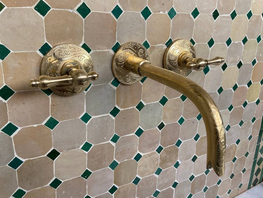 Engraved Brass Wall Mounted Faucet - Antique Engraved Faucet, Solid Brass Bathroom Faucet.