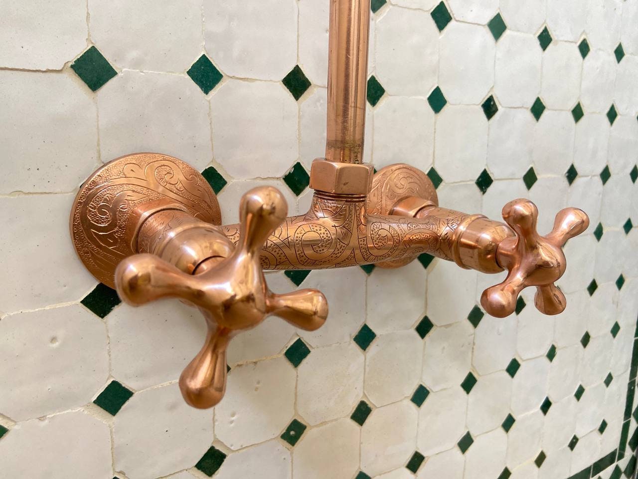 Unlacquered Copper Outdoor Shower with Copper Showerhead.