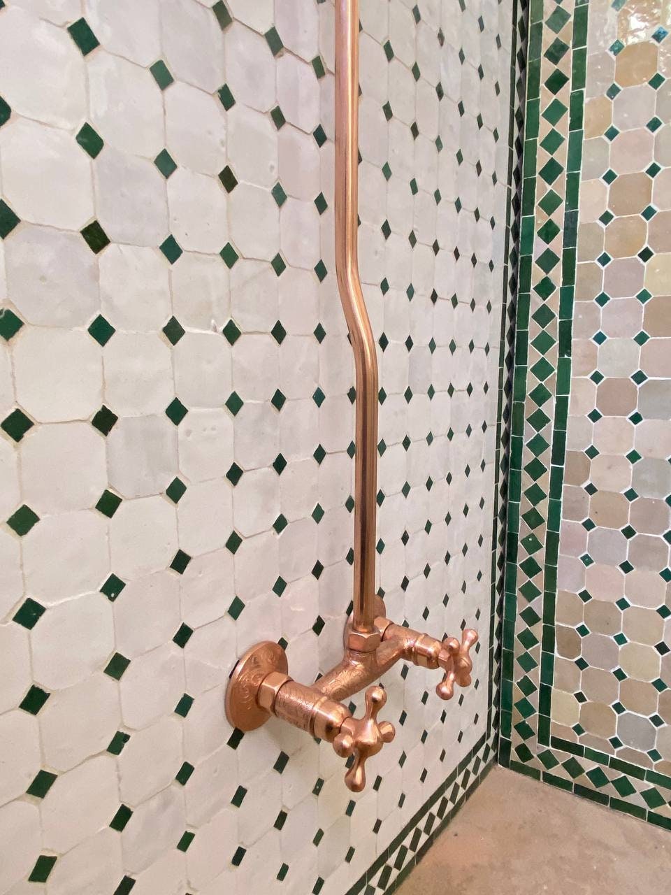 Unlacquered Copper Outdoor Shower with Copper Showerhead.