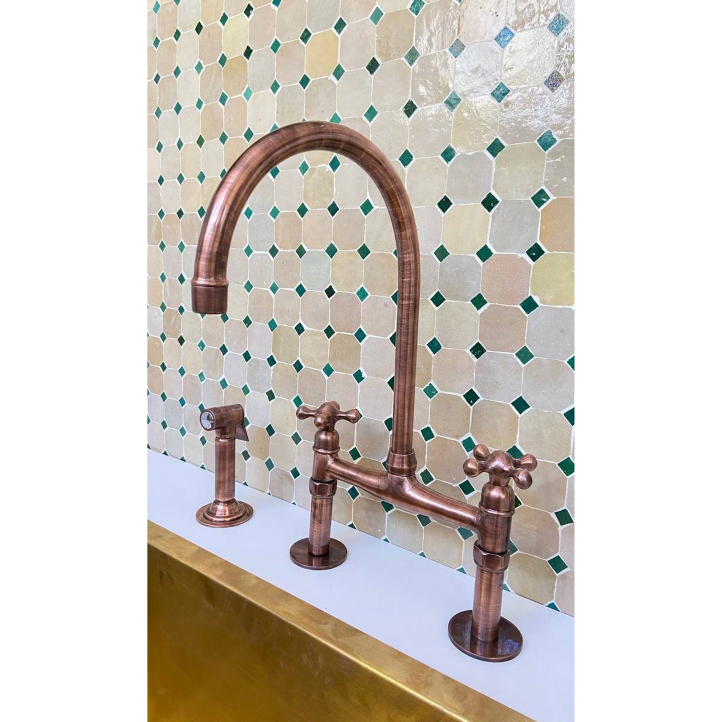 Unlacquered Copper Kitchen Bridge Faucet, 8-Inch Kitchen Sink Tap.