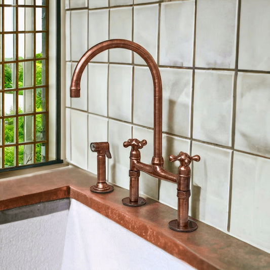 Unlacquered Copper Kitchen Bridge Faucet, 8-Inch Kitchen Sink Tap.
