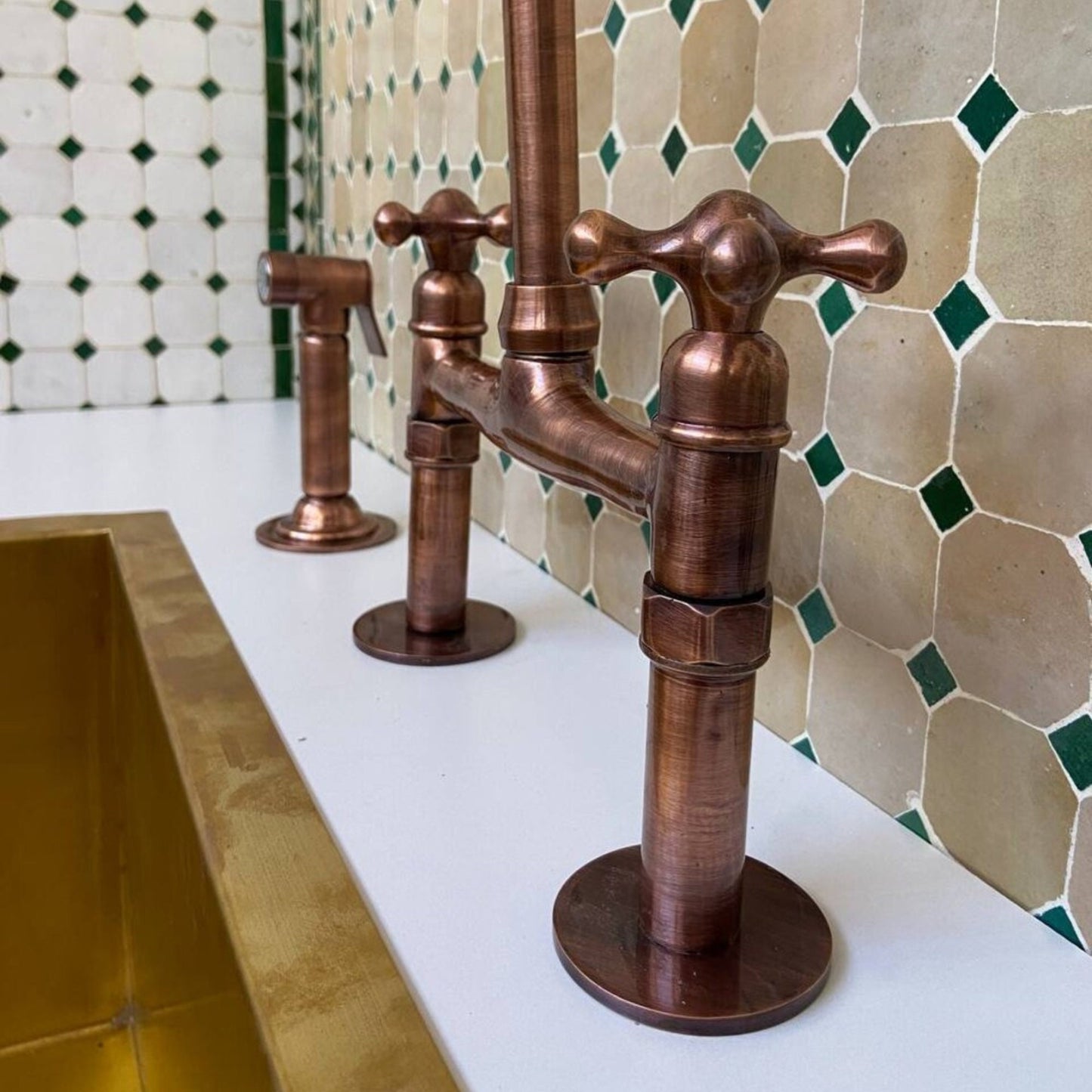 Unlacquered Copper Kitchen Bridge Faucet, 8-Inch Kitchen Sink Tap.