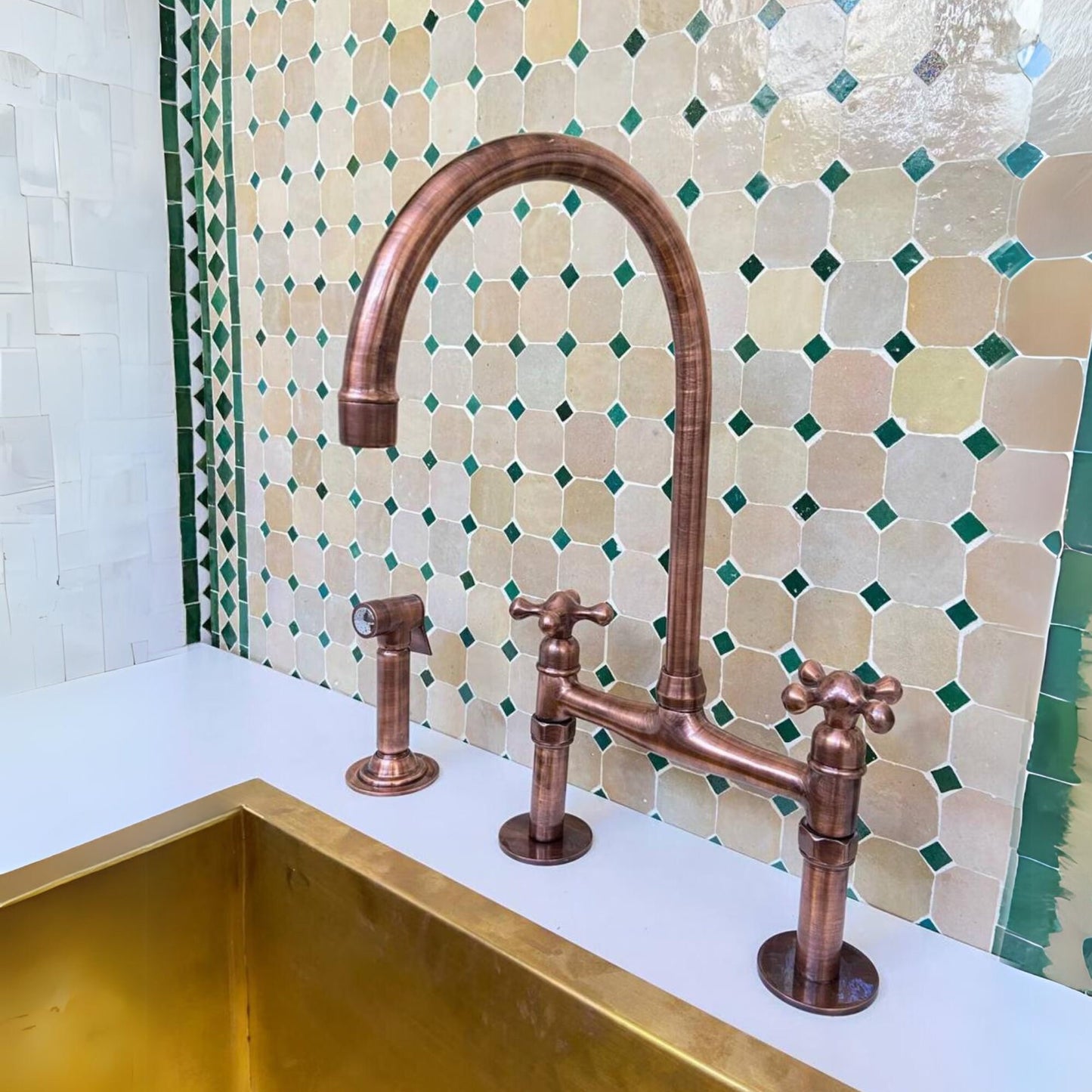Unlacquered Copper Kitchen Bridge Faucet, 8-Inch Kitchen Sink Tap.