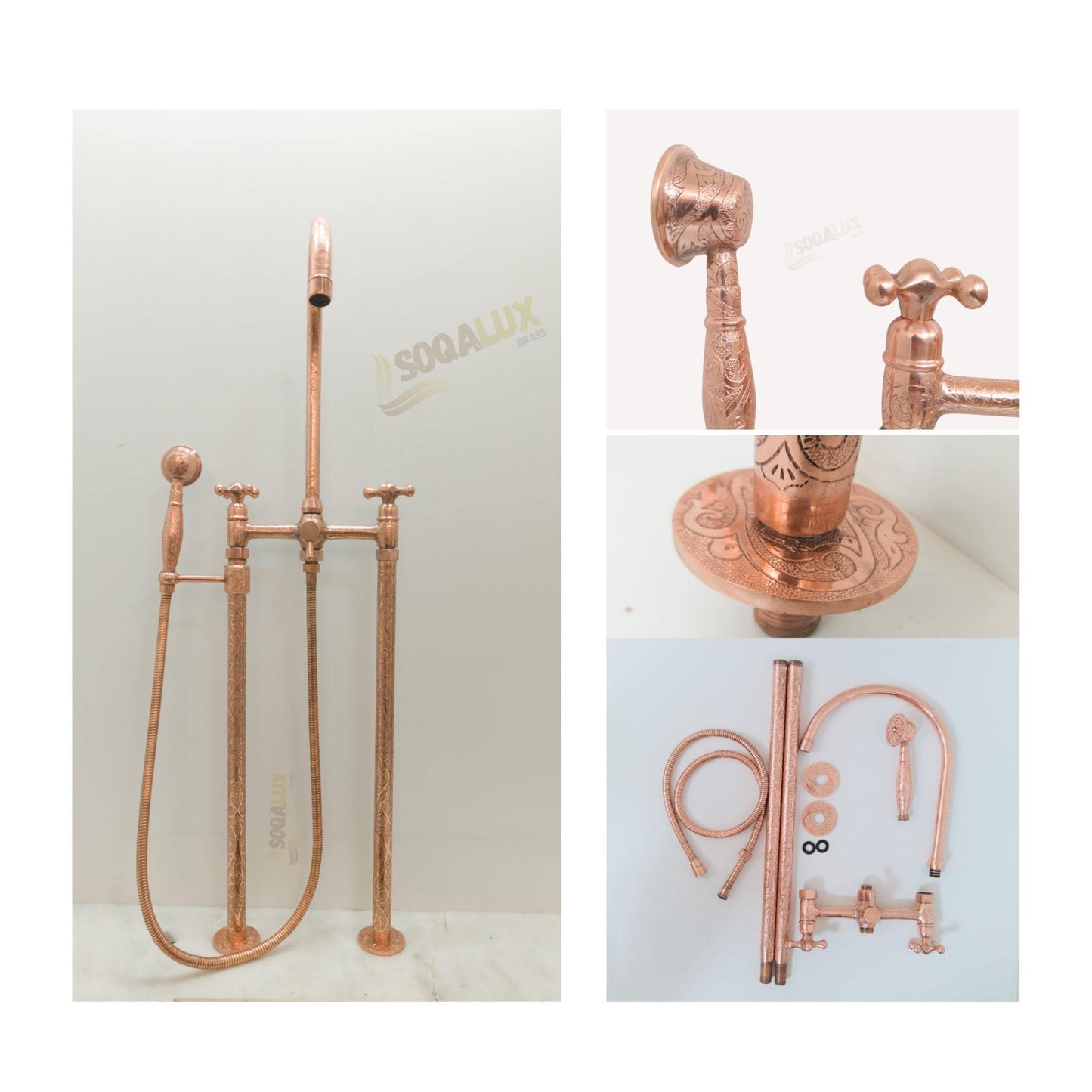Engraved Unlacquered Copper Floor-Mount Tub Filler with Handshower.