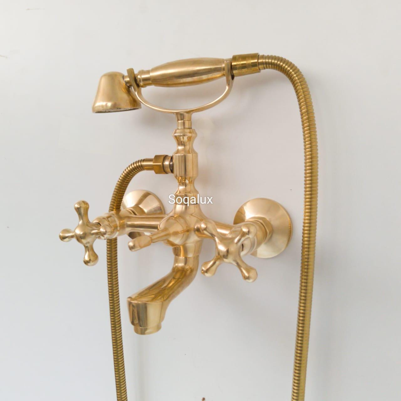 Unlacquered Brass Shower System, Wall Mount Tub Filler, Telephone Bathtub.