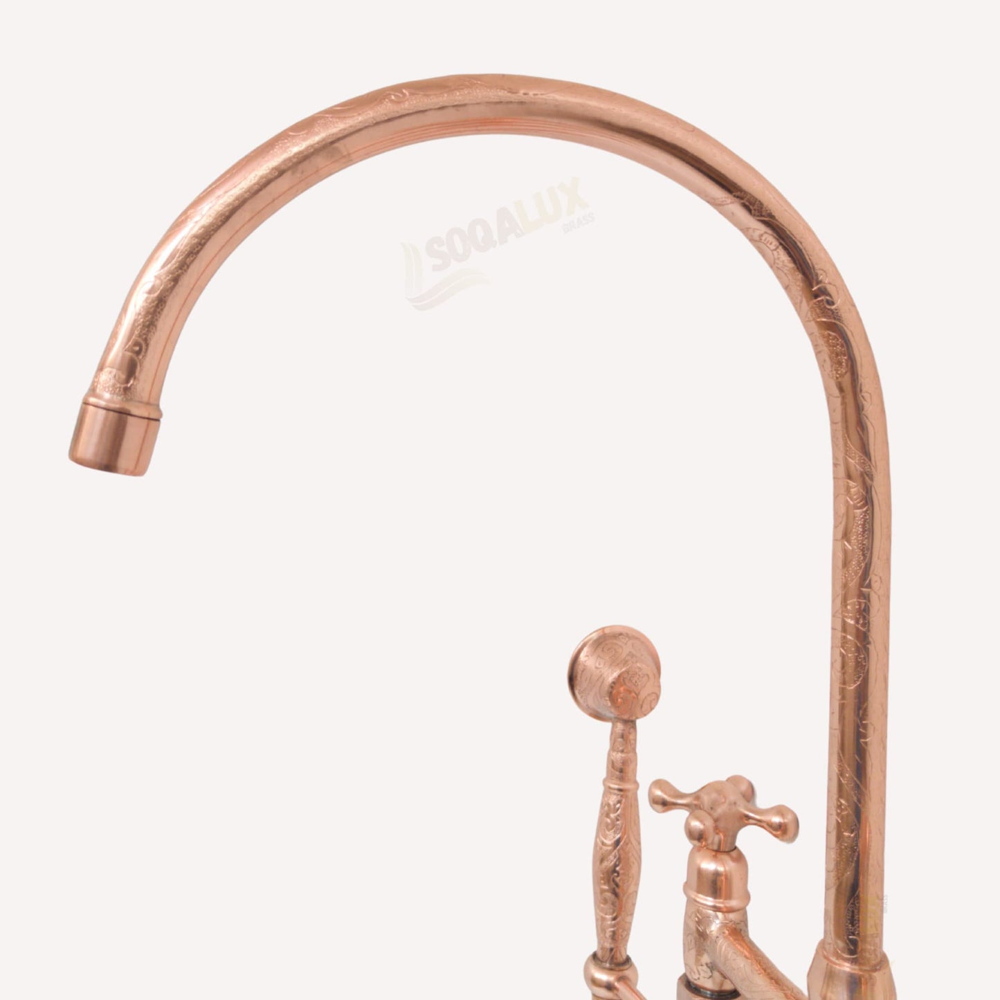 Engraved Unlacquered Copper Floor-Mount Tub Filler with Handshower.
