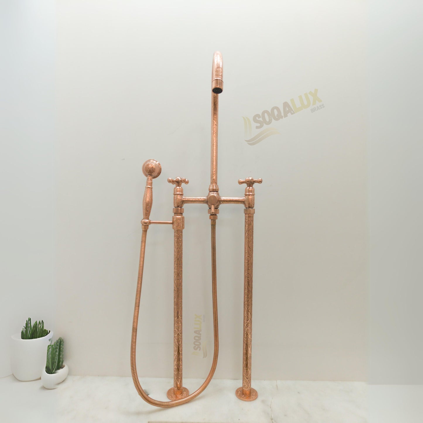 Engraved Unlacquered Copper Floor-Mount Tub Filler with Handshower.