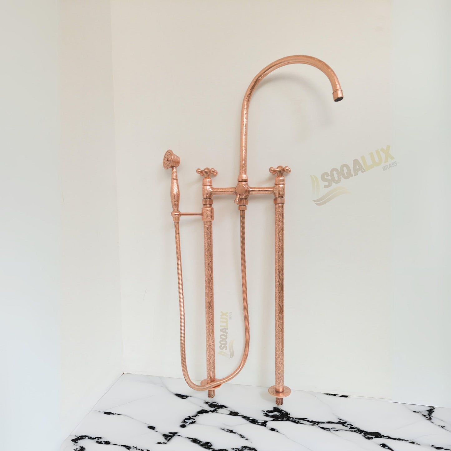Engraved Unlacquered Copper Floor-Mount Tub Filler with Handshower.