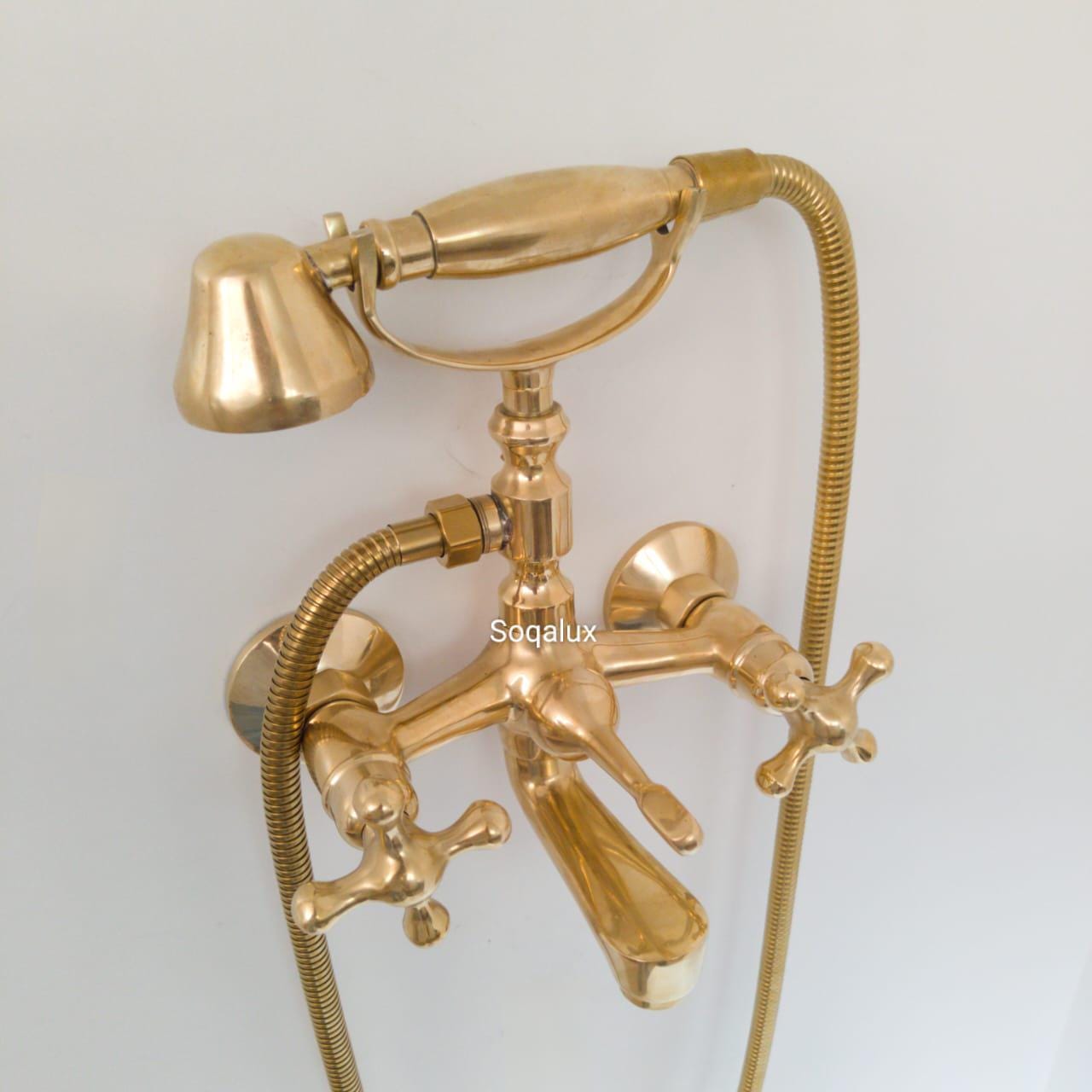 Unlacquered Brass Shower System, Wall Mount Tub Filler, Telephone Bathtub.