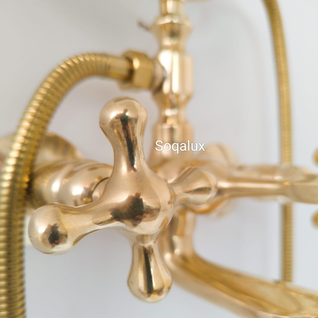 Unlacquered Brass Shower System, Wall Mount Tub Filler, Telephone Bathtub.