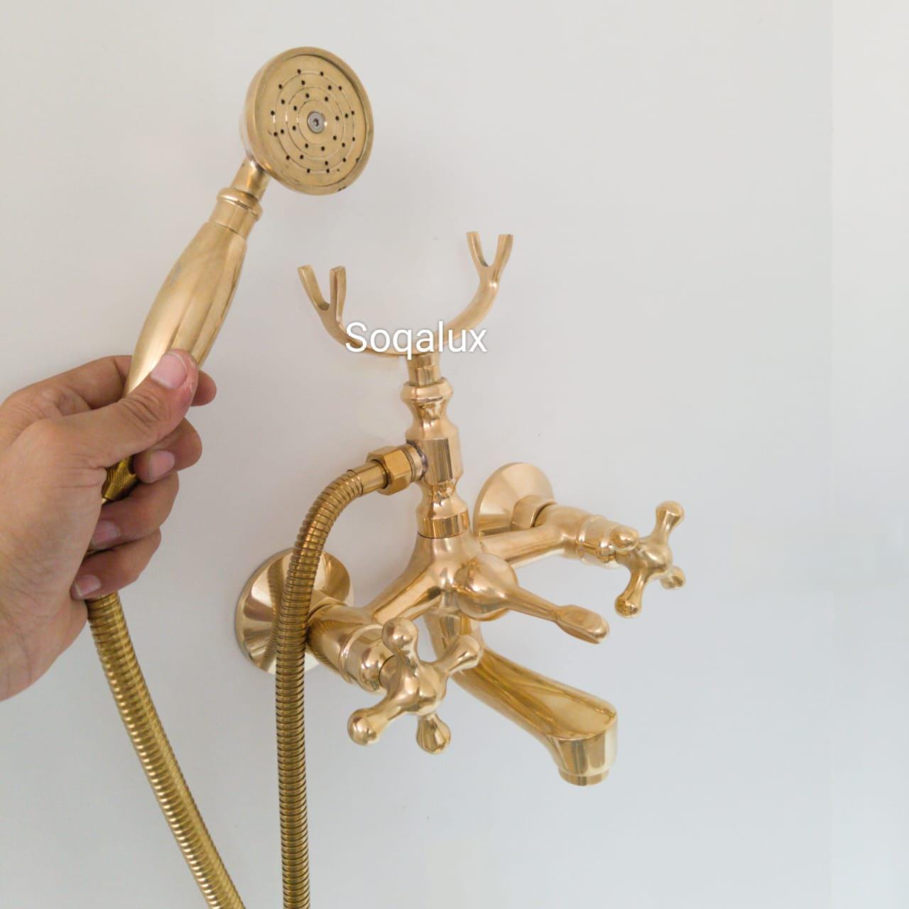 Unlacquered Brass Shower System, Wall Mount Tub Filler, Telephone Bathtub.