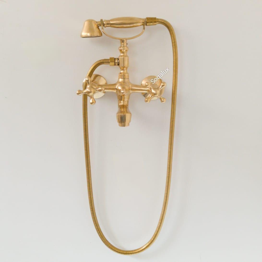 Unlacquered Brass Shower System, Wall Mount Tub Filler, Telephone Bathtub.
