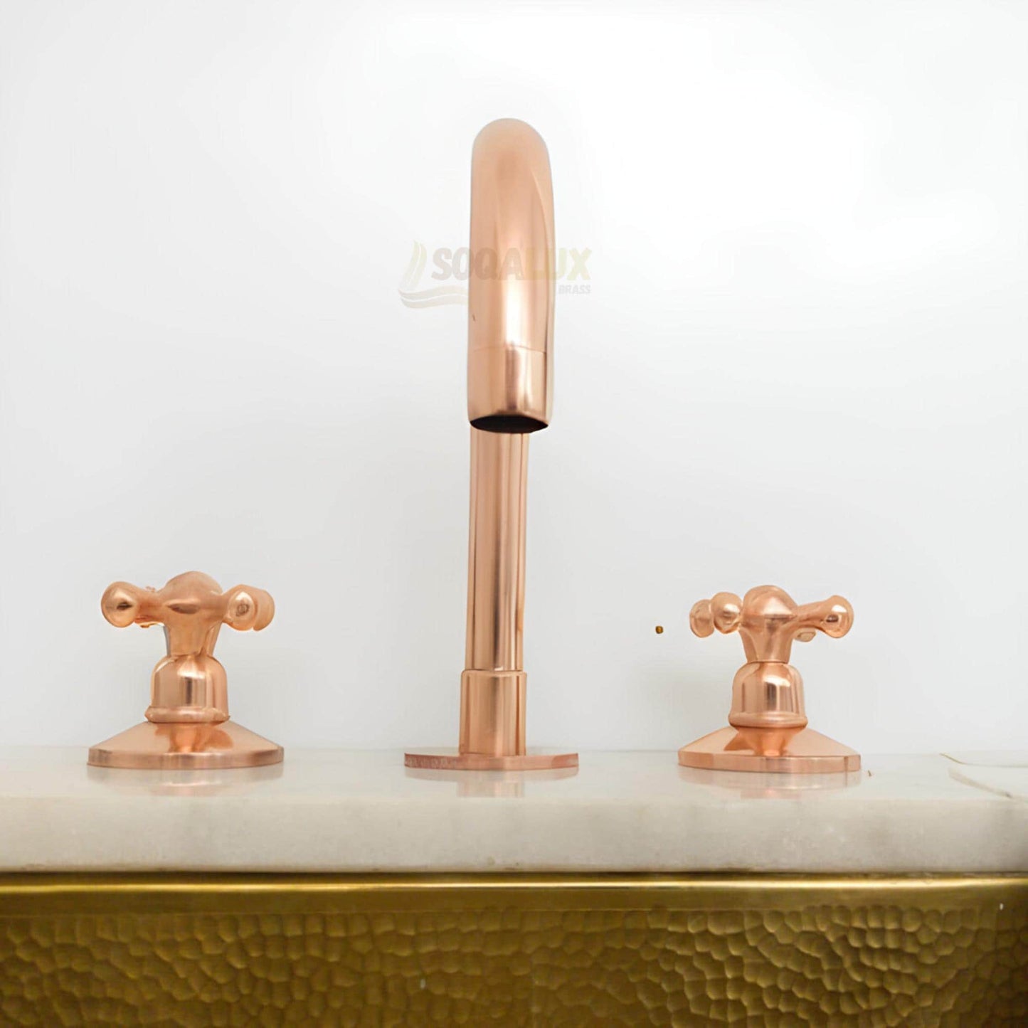 Unlacquered Copper Bathroom Faucet, Widespread 3-Hole Deck Mount, Gooseneck Tap.