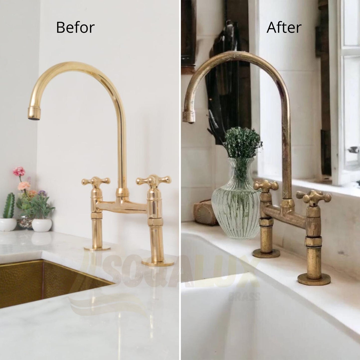 Unlacquered Solid Brass Bridge Kitchen Faucet, Antique Brass Vintage Sink Tap.