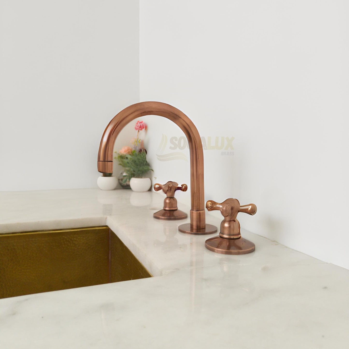 Unlacquered Copper Bathroom Faucet, Solid 3-Hole Deck Mount Vanity Sink Tap.