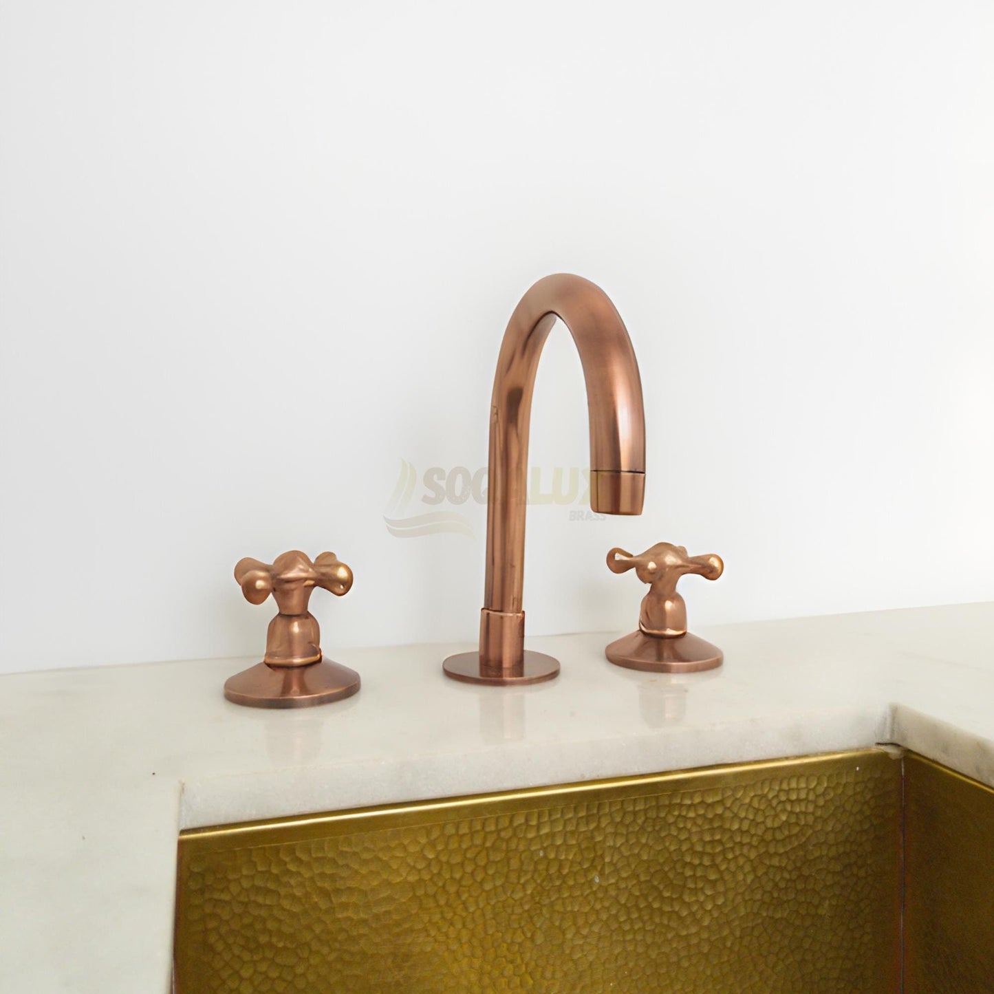 Unlacquered Copper Bathroom Faucet, Solid 3-Hole Deck Mount Vanity Sink Tap.