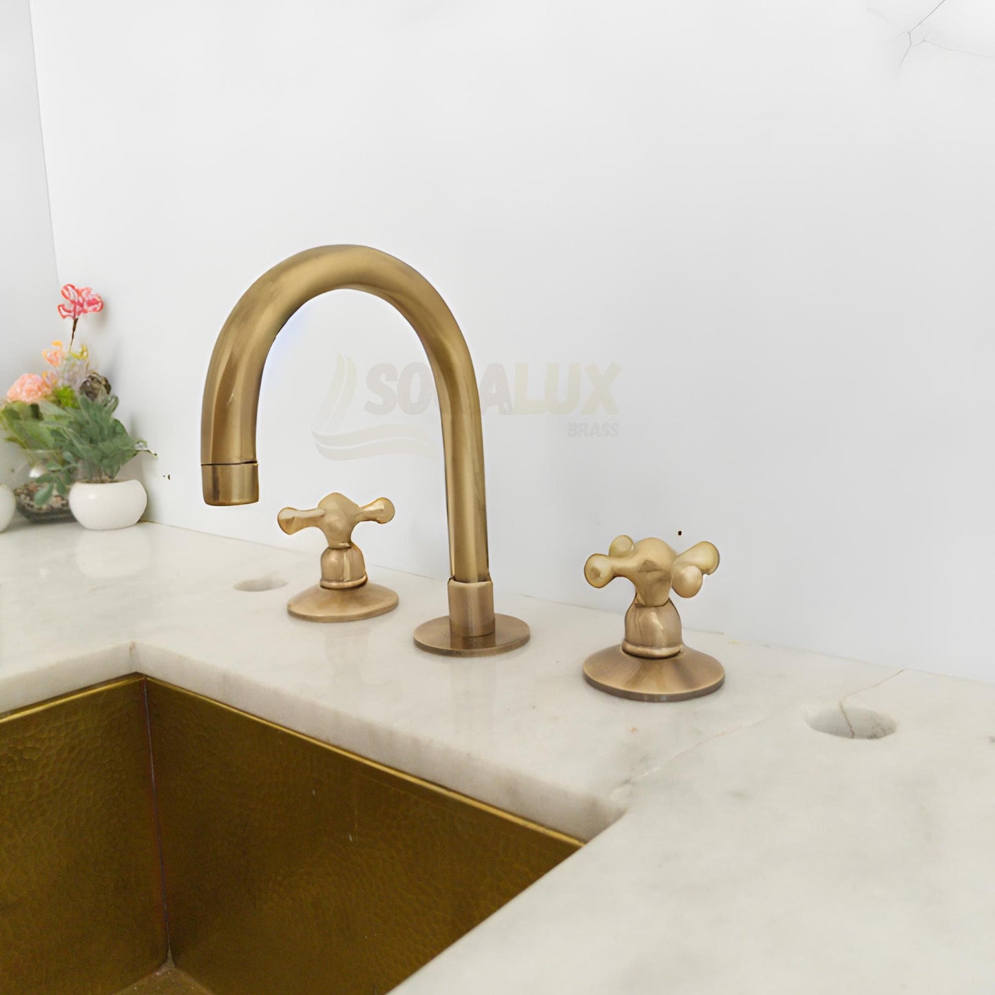 Unlacquered Brass Faucet, Solid Brass Widespread 3-Hole Deck Mount Vanity Sink Faucet, Bathroom Tap.