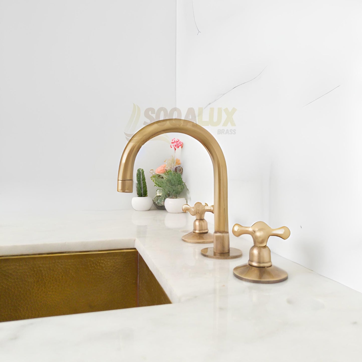 Unlacquered Brass Faucet, Solid Brass Widespread 3-Hole Deck Mount Vanity Sink Faucet, Bathroom Tap.